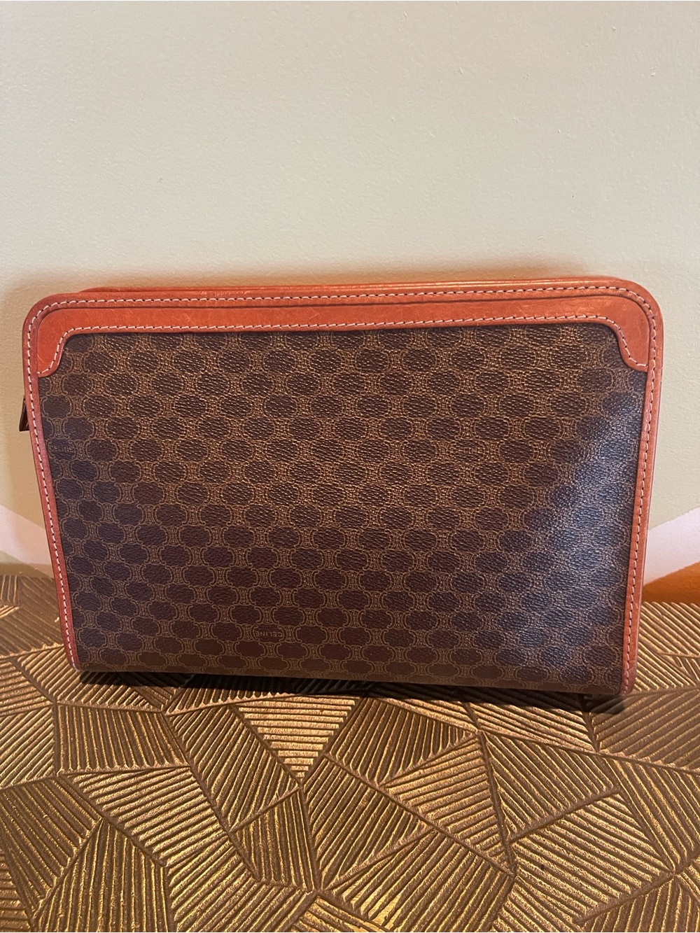 Vintage Celine Brown Patterned Leather Zip Pouch/Clutch Cognac Trim - Picture 2 of 11